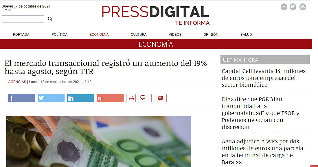 El mercado transaccional registr un aumento del 19% hasta agosto, segn TTR